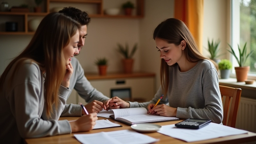 Rodina plánující rozpočet u kuchyňského stolu