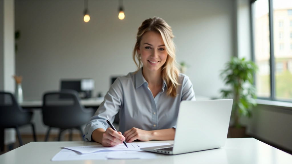 Profesionální finančná poradkyně pracující u moderního pracovního stolu