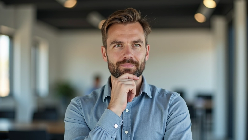 Mladý muž v kanceláři, ruka na bradě, přemýšlející výraz při řešení finančního problému