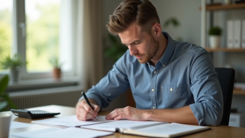 Muž sedí u stolu s notebookem a přehlíží si peníze na papíru s grafy