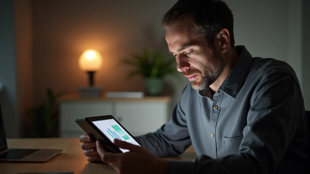 Muž sleduje pokrok na tabletu