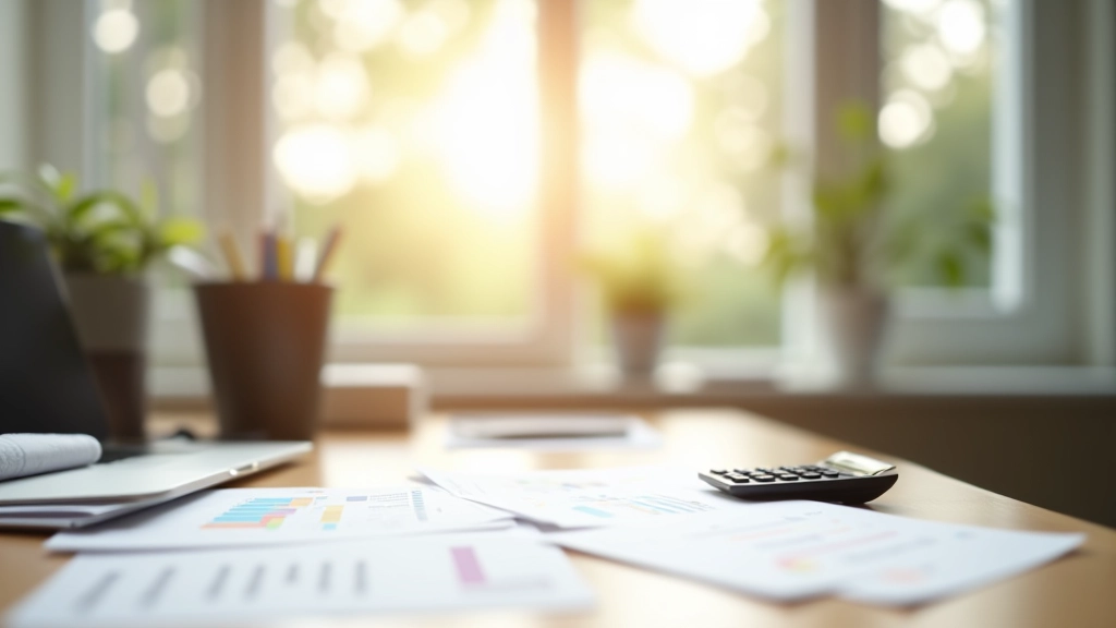 Moderní kancelářský prostor s přirozeným osvětlením, psacím stolem a finančními dokumenty