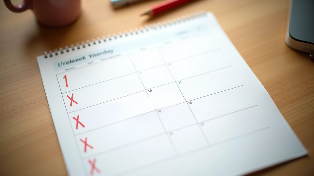 Papírový kalendář s X značkami označujícími den za dnem, vizuální reprezentace sledování zvyků