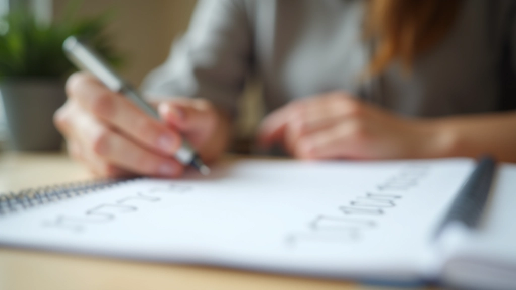 Ruka drží pero nad otevřeným sešitem se seznamem a poznámkami, domácí pracovna, přirozené osvětlení