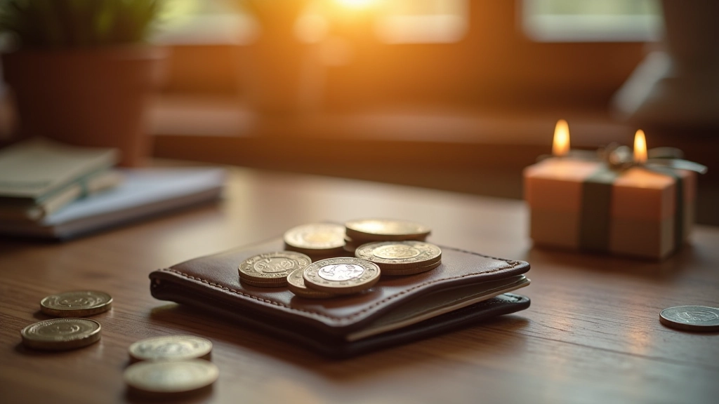 Otevřená peněženka s penězi a pozadí s kolorovanými kartami a ikony symbolizující dosažení milníků